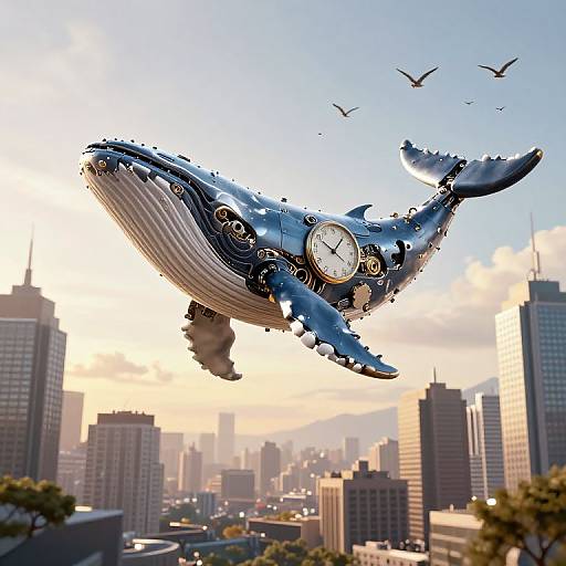 Photorealistic CGI of a blue, mechanical whale with clock faces floating above a modern cityscape at sunset, birds flying nearby.