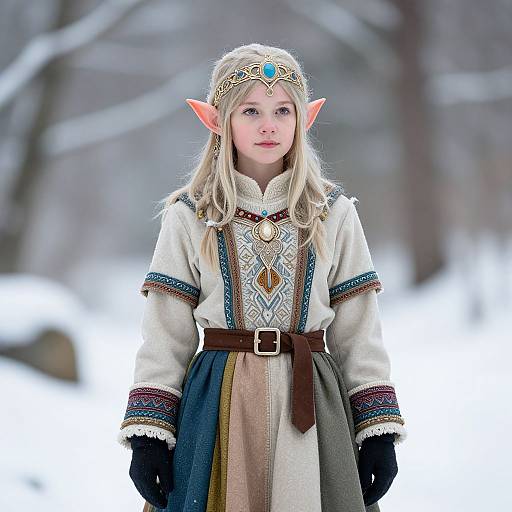 Photograph of a young blonde girl with pointed elf ears, wearing a detailed fantasy outfit, turquoise tiara, and standing in a snowy forest.