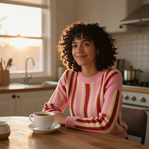 Photograph of a smiling woman with curly black hair, wearing a pink and red striped sweater, sitting at a kitchen table with a white cup of coffee