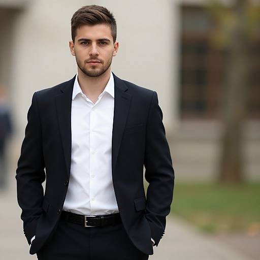 Photograph of a handsome, bearded man with short brown hair, wearing a black suit and white shirt, standing outdoors with a blurred background.