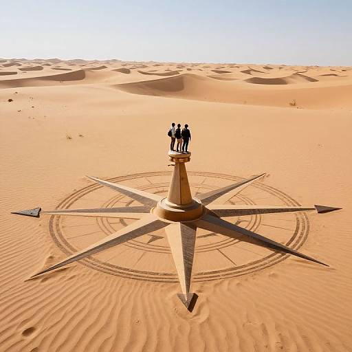 Photograph of a desert compass with a metal arrowhead and four tiny silhouetted figures standing on top, surrounded by endless golden sand dunes