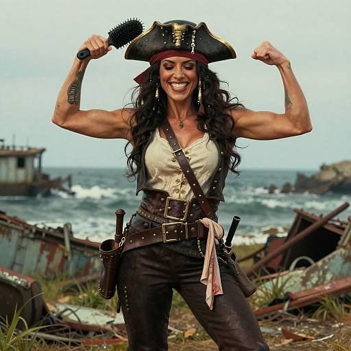 Photograph of a muscular woman with long black hair, wearing a pirate hat, white tank top, brown pants, and belt, flexing her arms