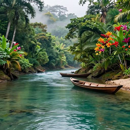 Photograph of a lush, tropical river with two wooden canoes, vibrant red and orange flowers, and dense green foliage on both sides. Mist rises