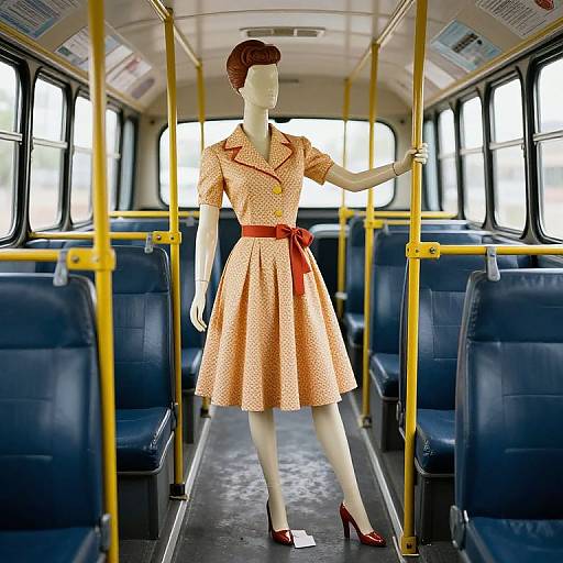 Photograph of a mannequin in a vintage orange polka-dot dress with red belt, red heels, standing in an empty yellow-and-blue bus