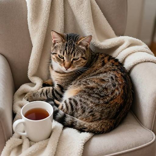 Photograph of a tabby cat with brown and black stripes, lounging on a beige armchair, wrapped in a cream blanket, with a white