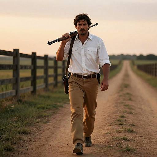 Man Walking on Rural Path with Rifle