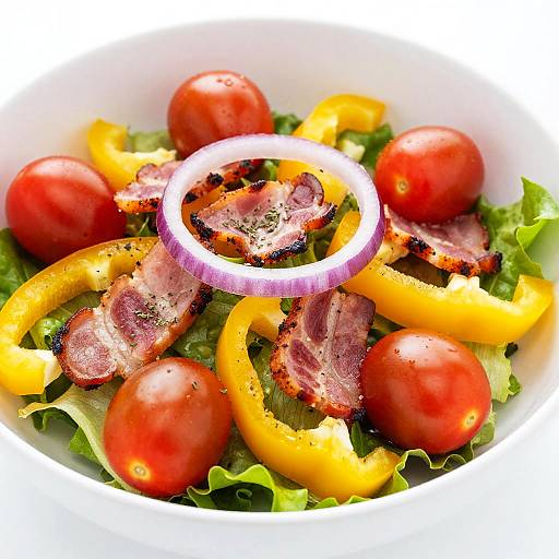 Colorful salad in a white bowl: red cherry tomatoes, yellow bell peppers, crispy bacon, green lettuce, and a purple onion ring.