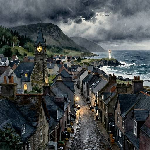 Photograph-like digital painting of a stormy coastal village with a lit clock tower, stone houses, streetlights, lighthouse, and crashing waves.