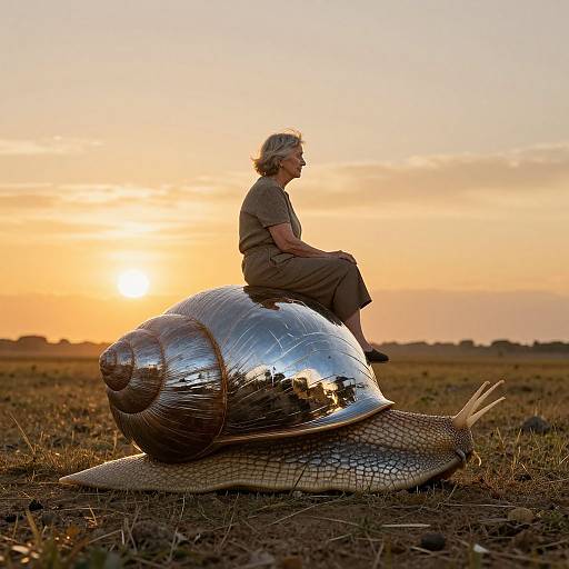 Photograph of an elderly woman with gray hair, sitting on a giant reflective snail shell at sunset, in a grassy field.
