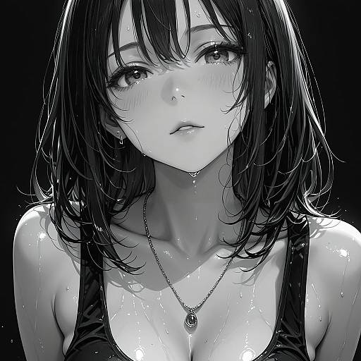 Monochrome Portrait of Wet Woman with Necklace