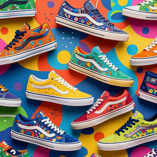 Vibrant digital illustration of colorful, patterned sneakers with various designs and bright backgrounds, overlapping and arranged diagonally.