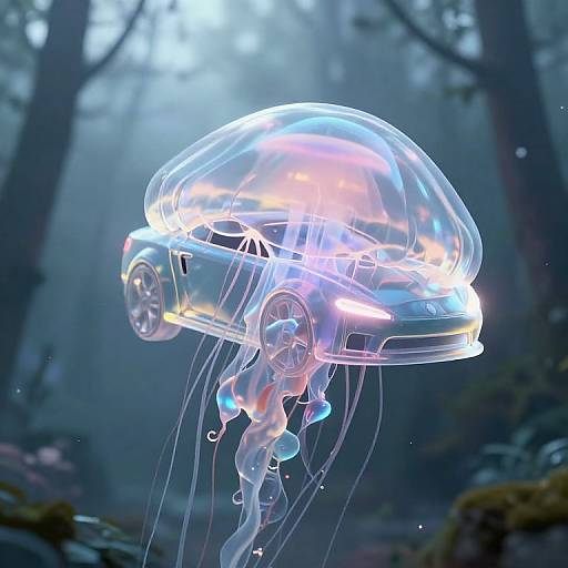 CGI image of a glowing, translucent jellyfish-shaped car with neon lights, floating in a misty, blue-hued forest underwater scene.