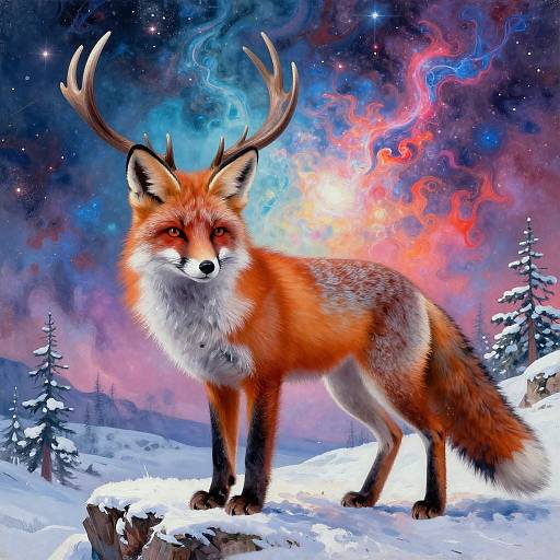Digital artwork of a red fox with antlers standing on snow, against a vibrant, cosmic night sky with colorful nebulae. Snow-covered pine trees