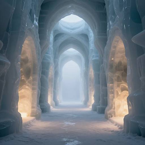 Photograph of an icy, illuminated ice cave with blue and white hues, featuring multiple arches and glowing light at the entrance.