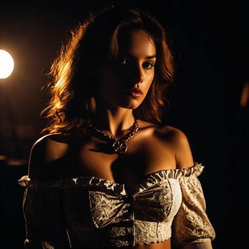 Young Woman in Ivory Off-Shoulder Lace Top