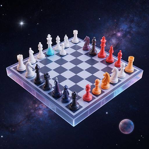 Glowing chessboard with colorful pieces floating in space, featuring white, black, red, orange, and blue pieces against a cosmic background.