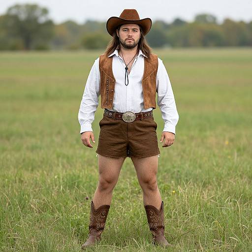Photograph of a bearded man with long brown hair, wearing a cowboy hat, white shirt, brown vest, shorts, and boots, standing in