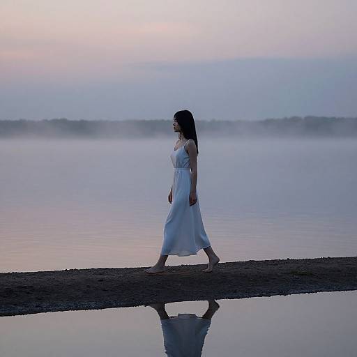 Photograph of a woman in a flowing white dress walking along a tranquil, misty shoreline at dawn, with her reflection visible in the calm water.