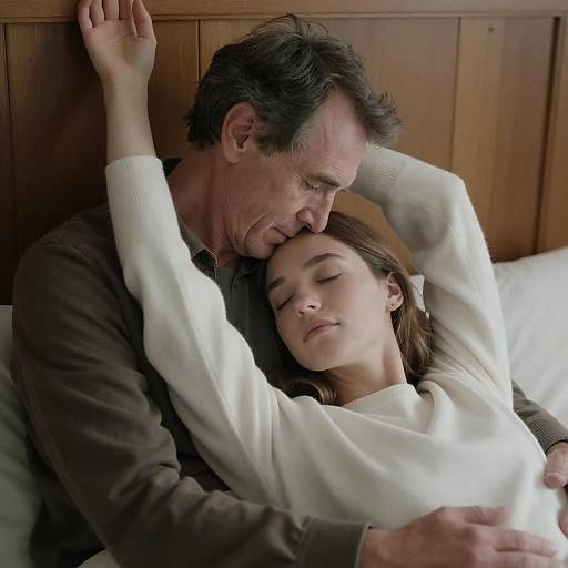 Intimate moment between older man and young woman on bed