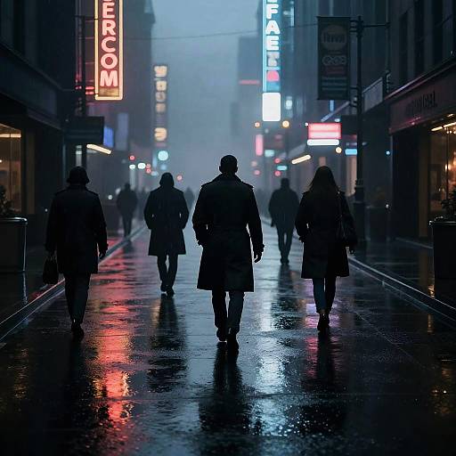 Photograph of a rainy city street at night, with neon signs reflecting on wet pavement, silhouetted people walking away.
