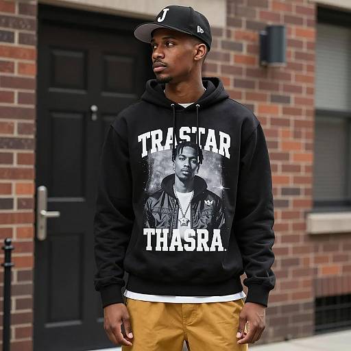 Young Man in Trapstar Sweatshirt and Black Cap