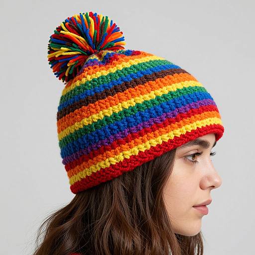 Photograph of a young woman with long brown hair, wearing a colorful, rainbow-striped knit beanie with a large pom-pom, against a white