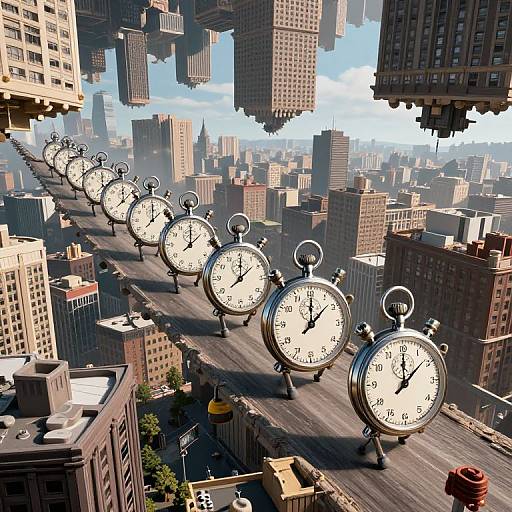 CGI image of a city street lined with large, floating, ticking grandfather clocks, set against a backdrop of towering buildings under a blue sky.