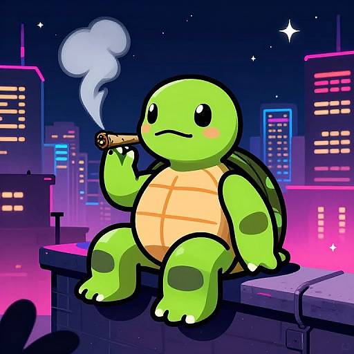 Digital illustration of a green, cartoon turtle with a cigar, sitting on a rooftop against a neon cityscape at night.