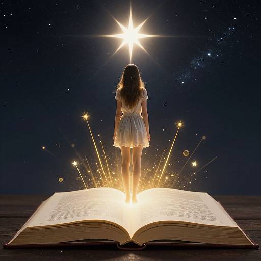 Photograph of a girl in a white dress standing on an open glowing book, surrounded by stars, with a bright star above her head against a dark