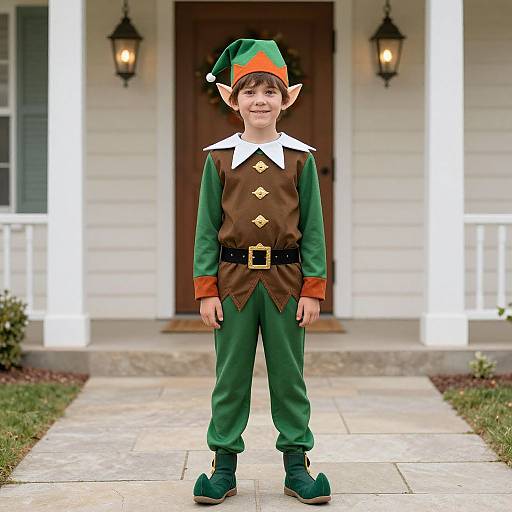 Photograph of a smiling young boy in a green elf costume with brown vest, white collar, black belt, standing on a porch.