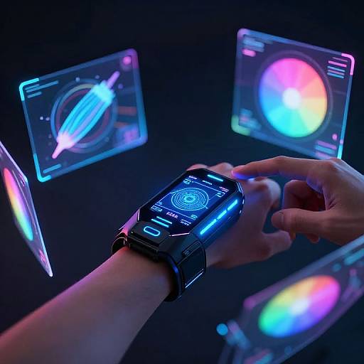 Photograph of hands interacting with a futuristic smartwatch displaying holographic rings and colorful orbs against a dark background.