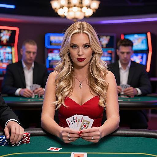 Blonde woman in red dress holds poker hand, seated at casino table, men in suits in background, dim lighting, poker chips, cards. Phot