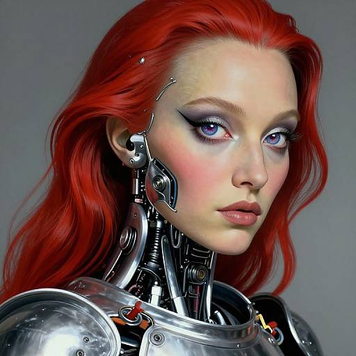 Digital portrait of a cybernetic woman with vibrant red hair, blue eyes, and metallic neck and shoulder armor, set against a gray background.