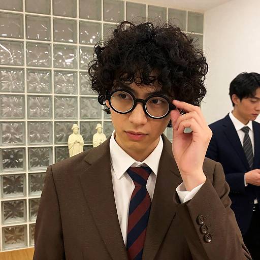 Man Adjusting Glasses in Indoor Setting