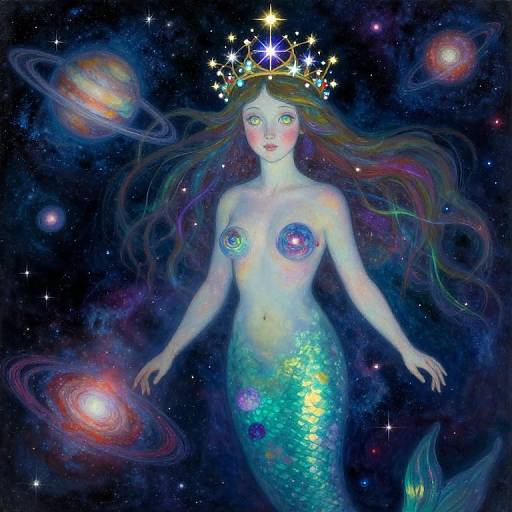 Digital painting of a topless mermaid with long, colorful hair, a starry crown, and a shimmering turquoise tail, floating in a cosmic