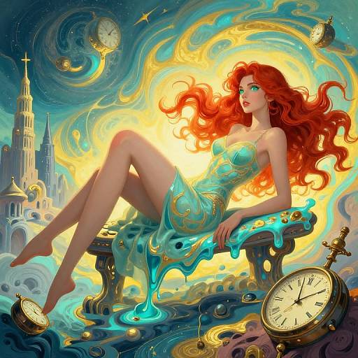 Digital artwork of a red-haired woman with glowing green eyes, wearing a translucent blue dress, sitting on a clock-themed bench in a swirling, surreal sky