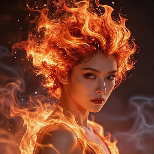 Digital art of a fiery-haired woman with intense expression, flames engulfing her head, dark background, vibrant orange and red flames.