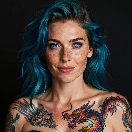 Blue-Haired Woman with Dragon Tattoos