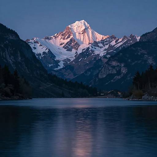Photograph of a snow-capped mountain illuminated by pink sunlight, reflected in a calm, dark blue lake, surrounded by shadowed, forested hills