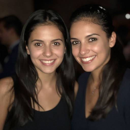 Photograph of two smiling young women with long dark hair, wearing black tops, standing close together in a dimly lit background.
