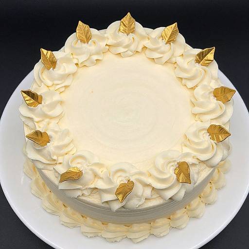 Photograph of a round cake topped with white whipped cream, golden leaf-shaped decorations, and a white plate on a black background.