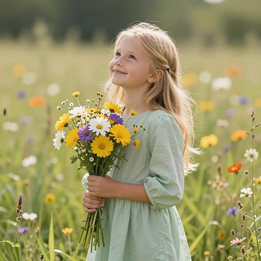Smiling Girl Holding Wildflower Bouquet in Meadow