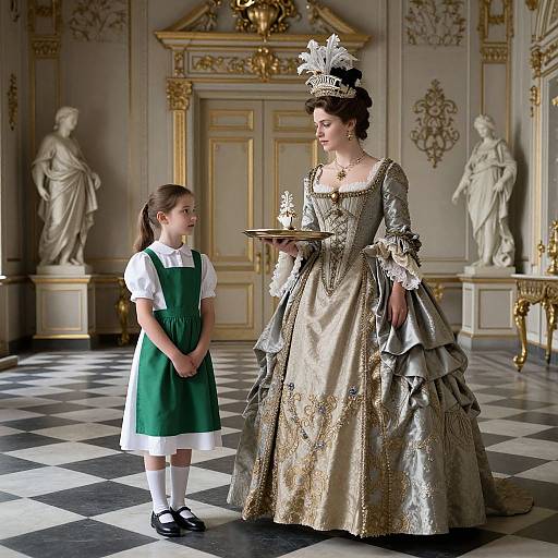 Photograph of a Victorian-style woman in an ornate silver gown with crown, holding a tray, and a young girl in a green dress, standing
