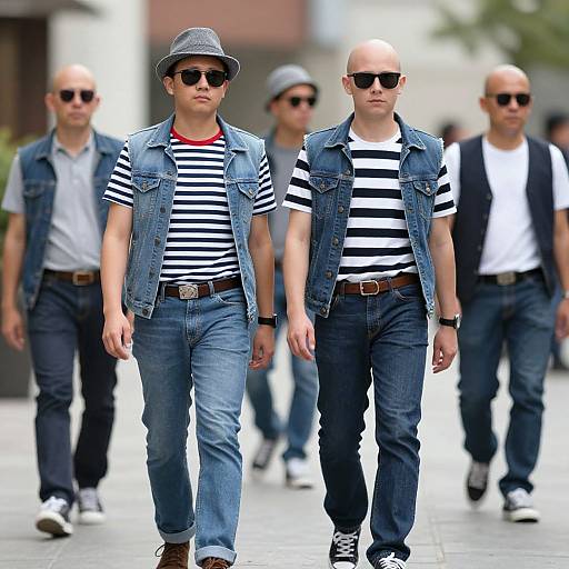 Photograph of two bald men in black-and-white striped shirts, denim vests, and sunglasses, walking in front of blurred, similarly dressed men in an