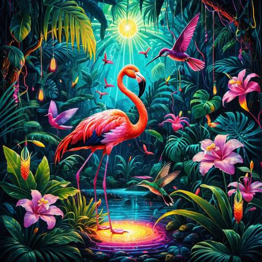 Psychedelic Flamingo and Hummingbird in Tropical Rainforest