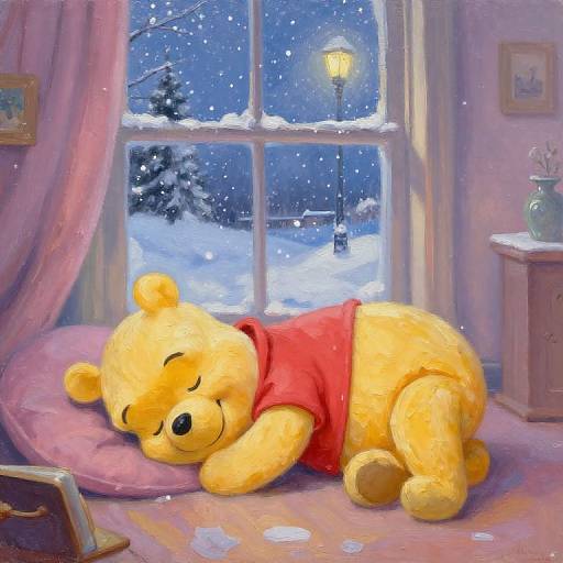 Digital painting of a yellow teddy bear in a red shirt sleeping on a pink pillow by a snowy window at night.