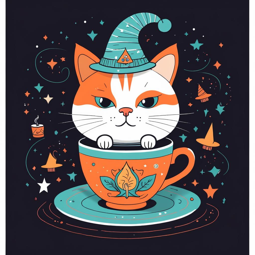 Whimsical Cat Wizard in Coffee Scene