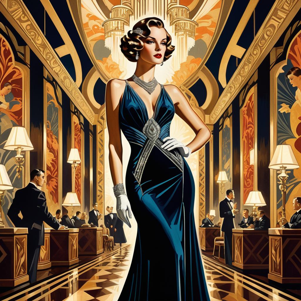 Elegant Woman in Lavish Art Deco Ballroom