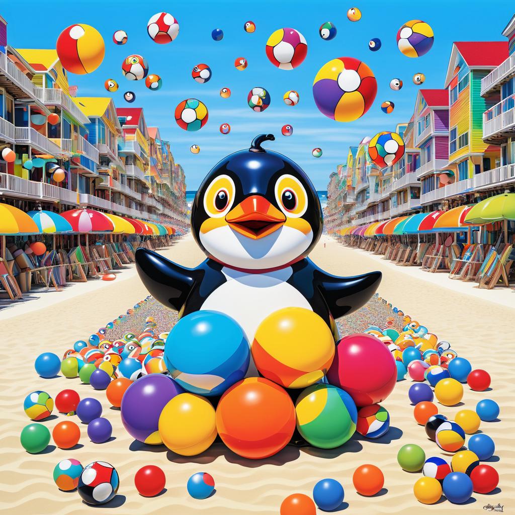 Playful Penguin Juggling Beach Balls Art