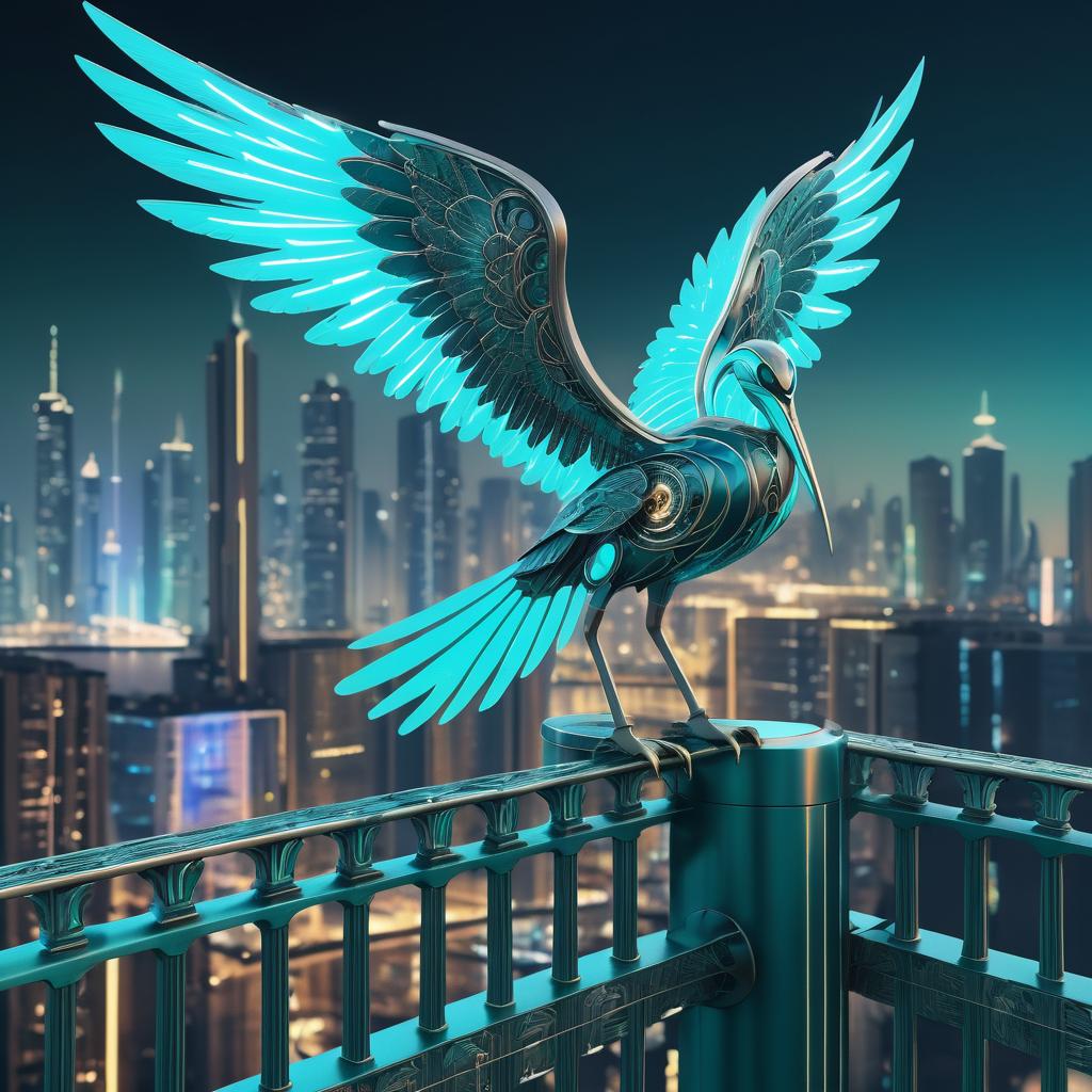 Art Deco Mechanical Stork in Cyberpunk City